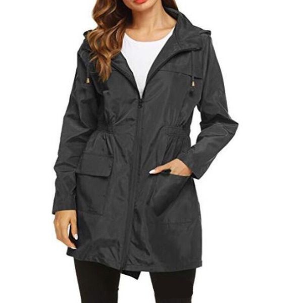 

drawstring hooded elastic waist trench coats fashion solid with zipper and pocket womens jacket designer woman cloth, Tan;black