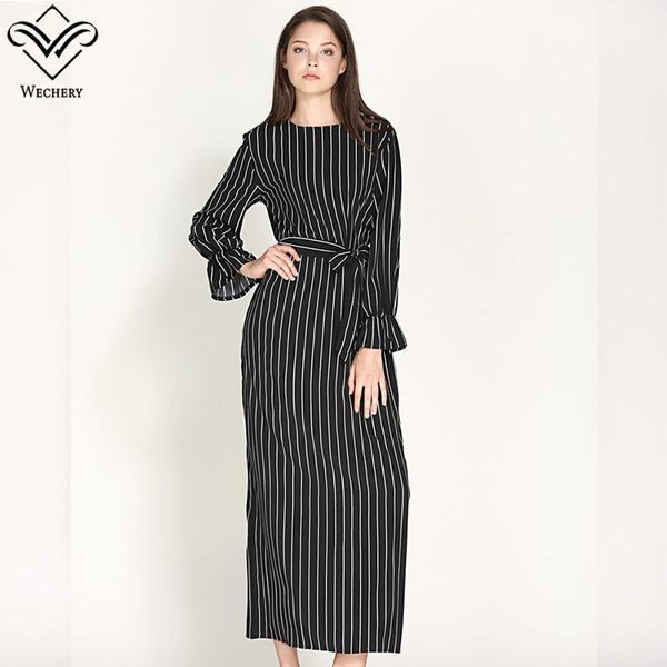 

wechery womens striped long dress slim long abayas islamic muslim style plus size black white turmpet sleeve, Red