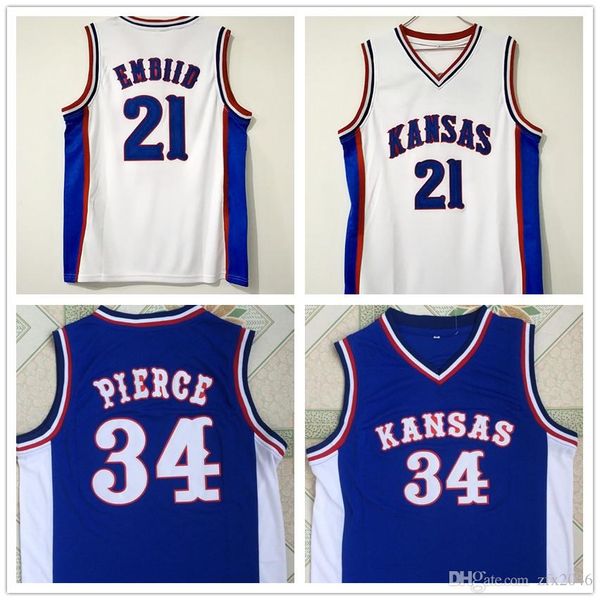 

NCAA Kansas Jayhawks 34 Paul Pierce 22 Joel Embiid Basketball Jerseys White Blue College Shirts Stitched patches embroidered