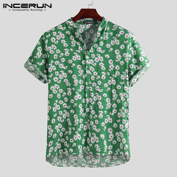 

blouse collar flower incerun shirt 2021 cotton streetwear stand casual men hawaiian fashion shirts short sleeve summer printed ulhoe, Black