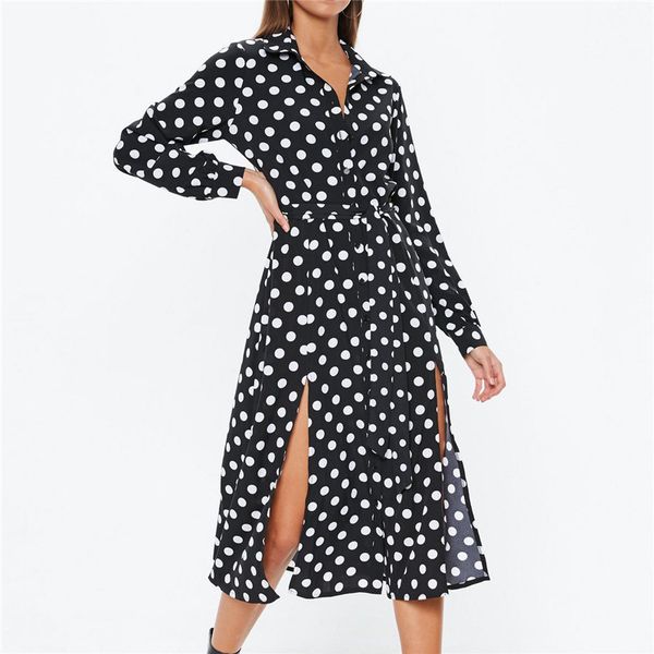 

2019 boho summer beach dresses women polka dot long chiffon dress split party bandage dress long sleeve casual shirt, Black;gray