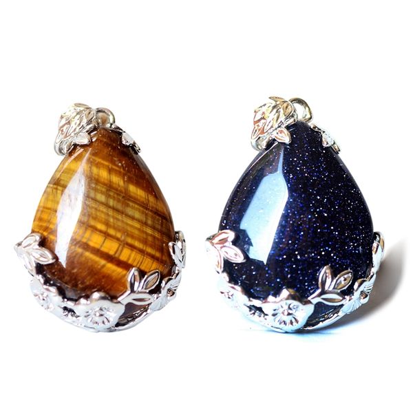

2pcs women angel tears water drop semi-precious gemstones pendant -yellow tiger's eye & blue sandstone