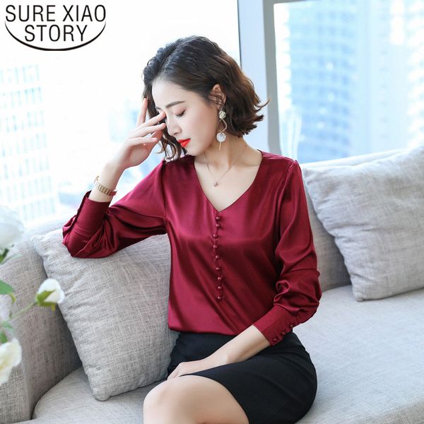 

2020 spring new heavy stretch satin women shirt long sleeve multi-button imitation silk v collar solid women blouse 8000 50, White