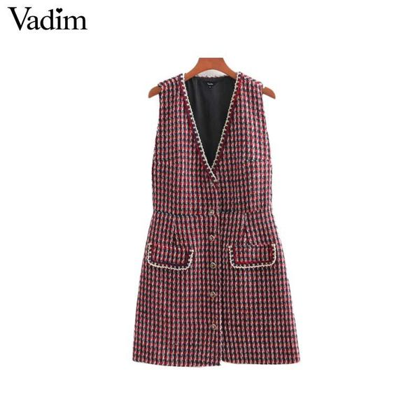 

wholesale women v neck plaid tweed dress buttons pockets decorate sleeveless ladies casual mini dresses vestidos mujer qa584, Black;gray