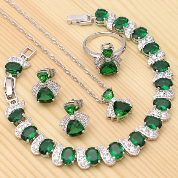 

925 silver jewelry sets for bride green triangle cubic zirconia ring bracelet necklace pendant stud earrings, Slivery;golden