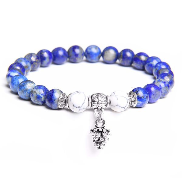 

natural stone lapis lazuli turquoises beaded bracelets for women men fashion energy pine cone pendant bracelet elastical jewelry, Black