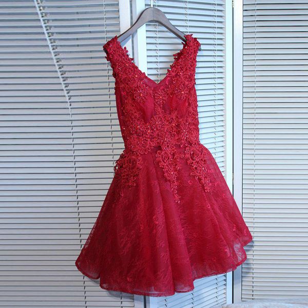 

chic v-neck sleeveless red lace prom dress applique beading red semi formal dresses short mini a-line lace up vintage style party dresses, Black