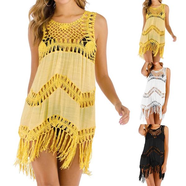 

2020 summer women hollow out tassel o neck swimming bikini cover up ladies sleeveless beach, White
