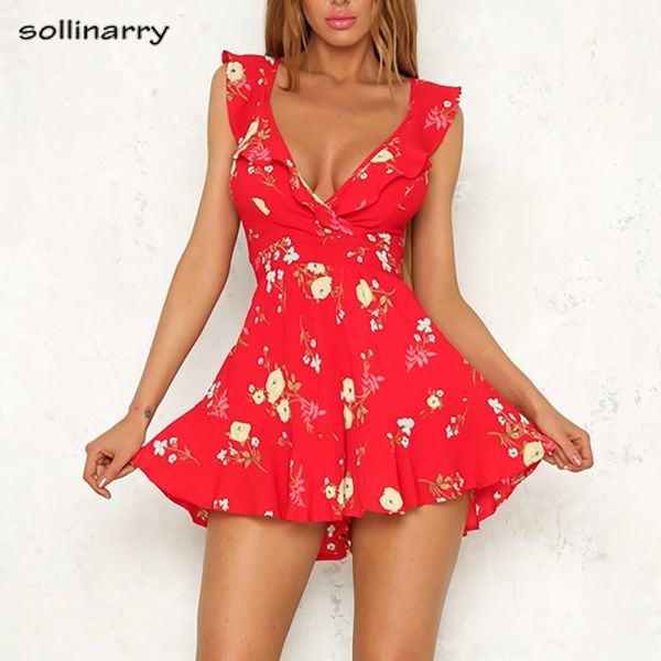 

sollinarry lace up bow backless red floral print romper ruffles women playsuits summer beach short jumpsuits v neck rompers, Black;white
