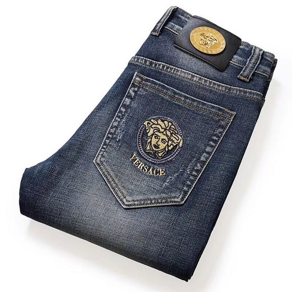 

qiu dong embroidery high-grade men's jeans casual stretch straight tube slim jeans men's foreign trade, Blue