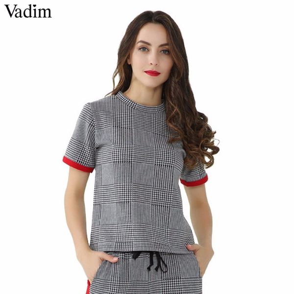 

vadim женщина элегантный клетчатой ​​рубашки с коротким рукавом ломаного о старинной шее блузки основной моды случайного шика tops blusas dt, White
