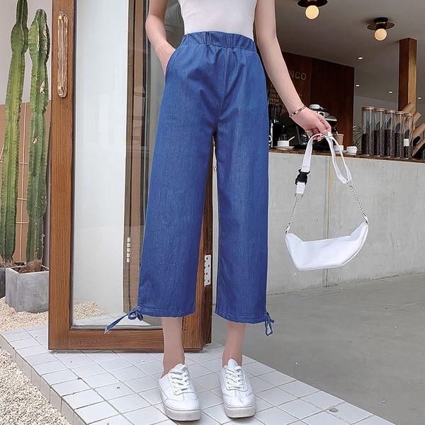 

women's jeans woman high waist summer thin plus size loose elastic softener mom denim wide leg pants femme, Blue