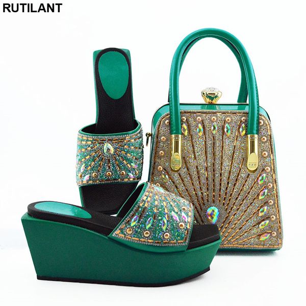 

new arrival african wedding italian shoe and bag sets decorated with rhinestone women shoes and bag set in italy plus size shoes, Black