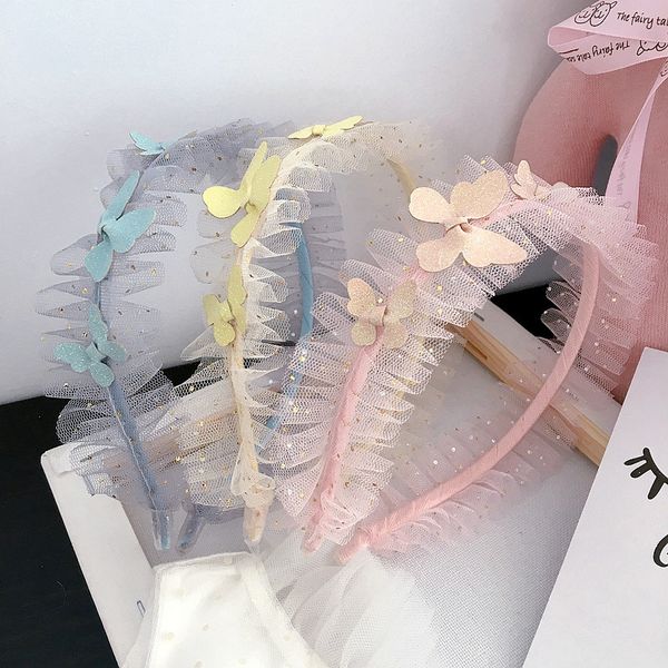 

2020 new korean cute sweet hair band princess mesh yarn side butterfly children simple hairband for girl fashion hair accessory, Slivery;white