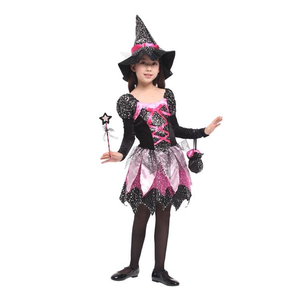 

umorden new arrival halloween costumes for girl dazzling witch girl costume cosplay party carnival fantasia dress wand bag, Black;red