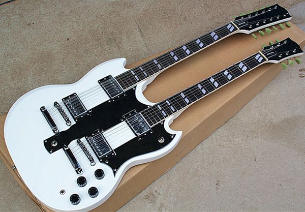 

wholesale double neck electric guitar with black pickguard,12 strings+6 strings,white and chrome hardwares,offer customized services