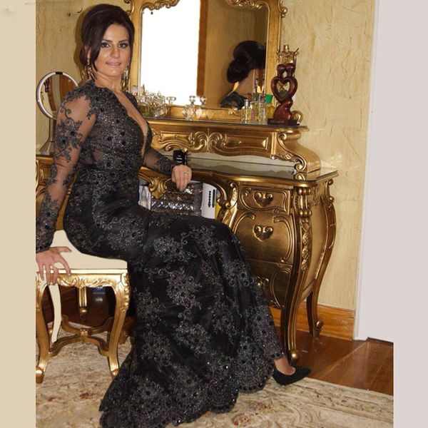 

2019 long sleeves lace evening dresses v-neck dubai turkish arabic beading sequined prom party dress floor length, Black