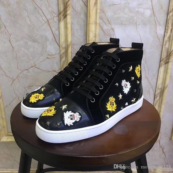 

самой лучшего качество high top вышивка замша красной подошвы кроссовки мужчины роскошной свадьба красная подошва повседневная обувь бесплат, Black