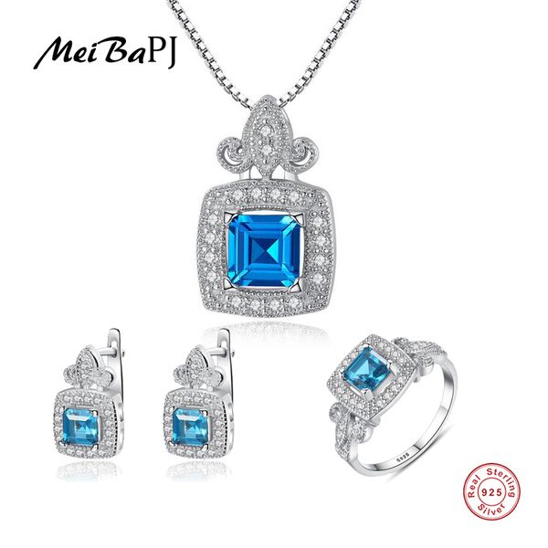 

meibapj z gemstone 3 suit jewelry set real 925 sterling silver pendant earrings ring fine charm jewelry for women, Black