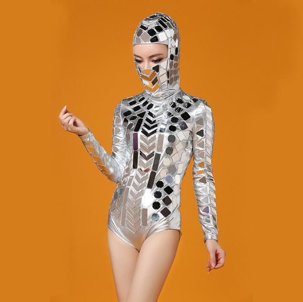 

2019 new shiny silver leather hand-stitched mirror mirror jumpsuit party nightclub bar concert dj singer/dancer costum, Black;red