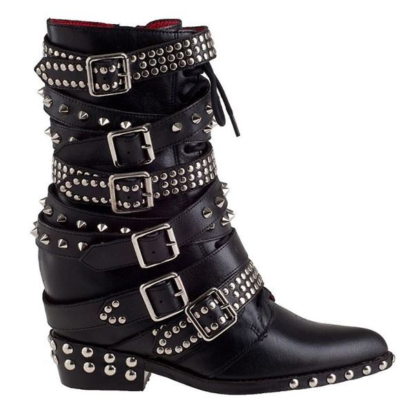 

black rivets studs womens leather ankle boots runway fashion spikes short motorcycle booties buckle strap casual punk wedges shoes