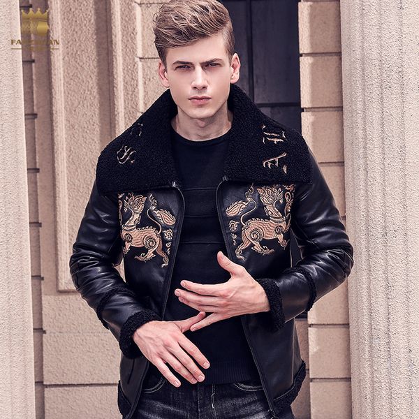 

fanzhuan new 2017 fashion male mens embroidery leather animal pattern short style man pu jacket 710165 winter coat, Black