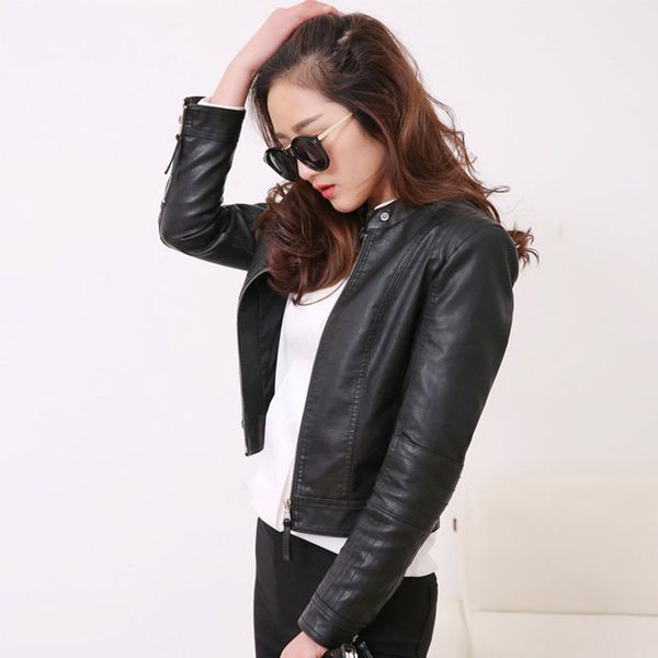 

new women spring autumn pu leather jacket casual slim soft moto biker faux leather jacket female coat basic streetwear, Black