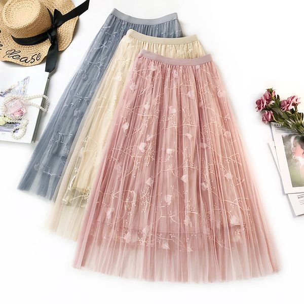 

flower embroidery women summer mesh skirts high waist boho a-line skirt faldas jupe femme women long skirt saia, Black