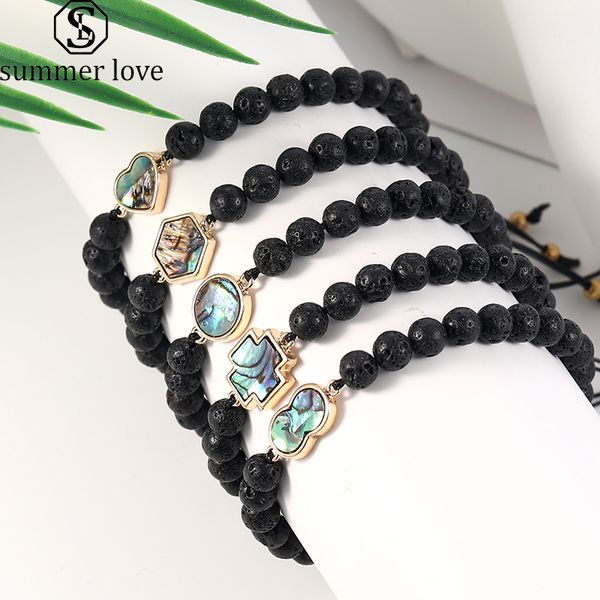 

natural lava stone beaded strands bracelets abalone shell cross heart round charm handmade braided bracelet fashion jewelry gift, Black