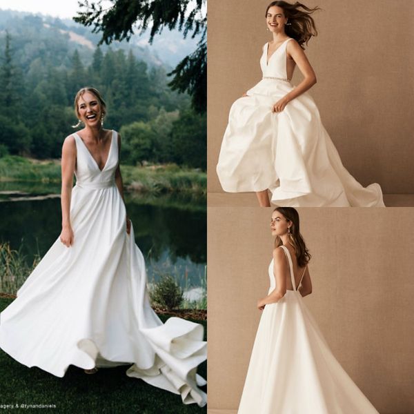 

2020 bhldn атласные свадебные платья глубокий v образным вырезом бисероплетение пояс спинки свадебные платья на заказ загородный сад vestido, White