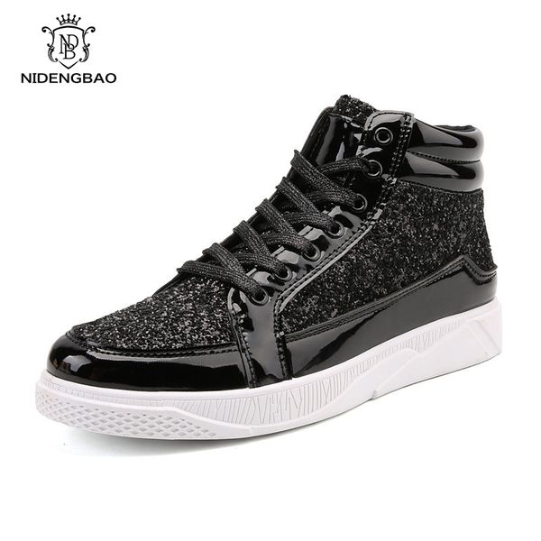 

glossy bling men's casual leather shoes personality retro heighten shoes men fashion trend nightclub leather golden boots men, Black