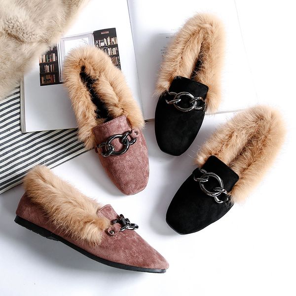 

winter fur shoes women casual square toe flats shoes big size loafers metal decoration slip on slides sandalias mujer, Black