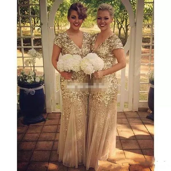 

2020 new mermaid gold sequined short sleeve bridesmaid dresses long v neck party prom dresses gown weddig guest dress, White;pink