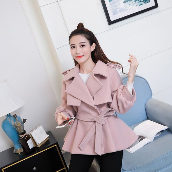 

2019 winter women casual turn down collar slim elegant jackets sweet lantern sleeve female short cute blends coat, Black;brown