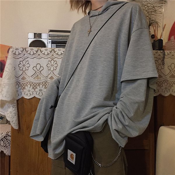 

p shoot net price south korea ulzzang harajuku wind bf versatile solid color mock two-piece loose-fit pullover hoody men and, Black
