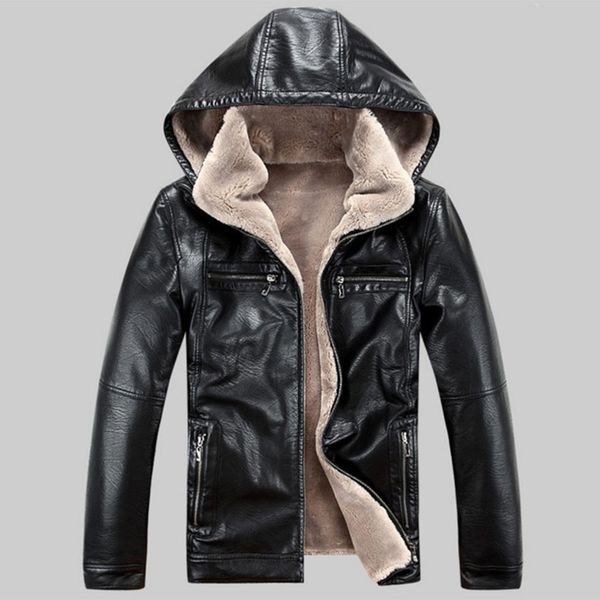 

men winter thicken leather jackets coats windproof jacket male jaqueta couro masculina 5xl fashion leather jacket, Black