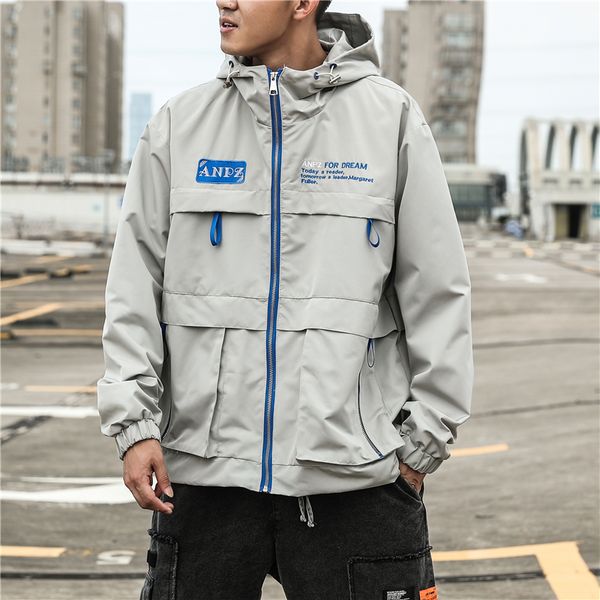 

2019 autumn and winter men's new casual solid color letter printing hooded jacket men loose temperament trend cotton, Black;brown