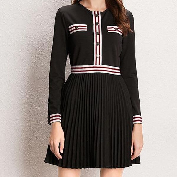 

casual dresses women dress 2021 autumn / winter striped decorative college style round neck long sleeve pleated, Black;gray