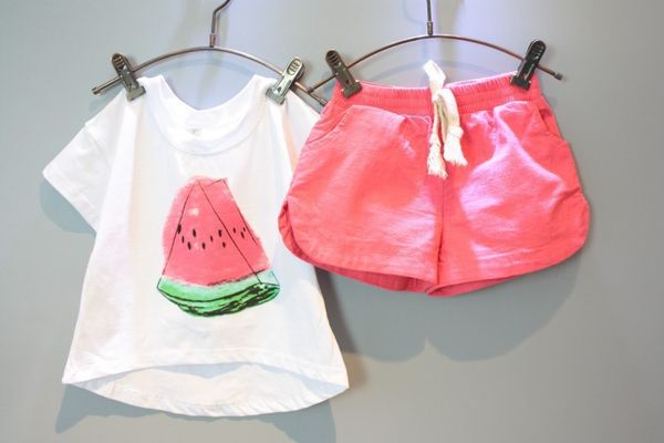 

children's suit 2019 summer new children's casual short sleeve cartoon watermelon t-shirt shorts two-piece girl set, White
