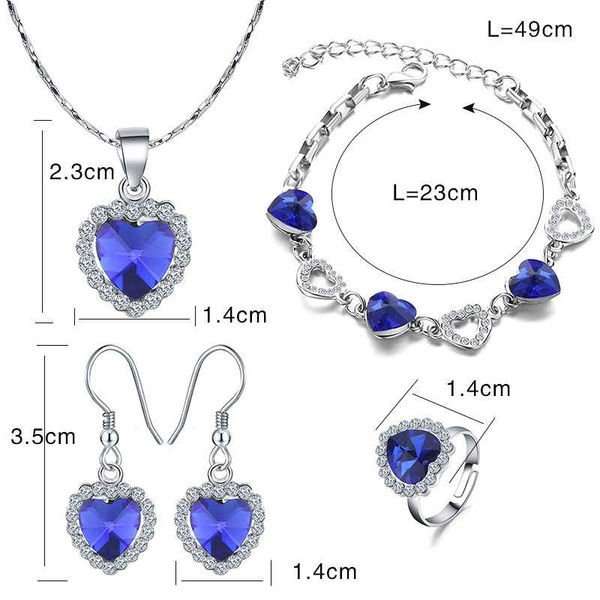 

women titanic blue heart of ocean necklace pendant earrings bracelet for women, Silver
