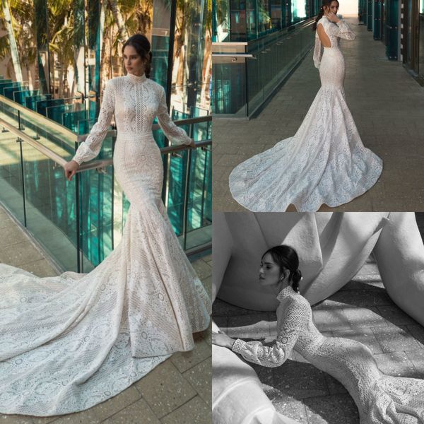 

julie vino mermaid wedding dresses appliqued lace long sleeve high collar modest wedding dress sweep train hollow back robes de mariée, White