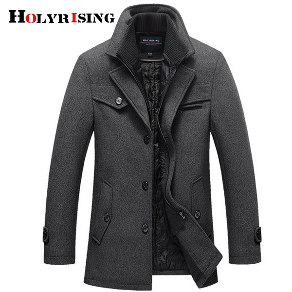 

holyrising men wool coat thick mens coats and jackets warm pea coat 5xl size male business overcoat 4 color wool blends 18583-5, Black