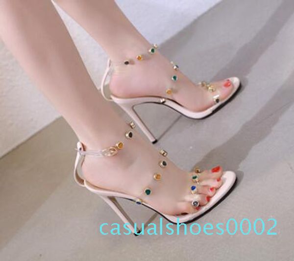 

fashion pvc multicolor rhinestone nightclub shoes 11cm thin heel high heels sandals women slippers c02, Black