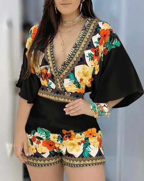 

2020 summer floral printed deep v neck rompers women playsuits casual half sleeve one piece overalls, Black;white
