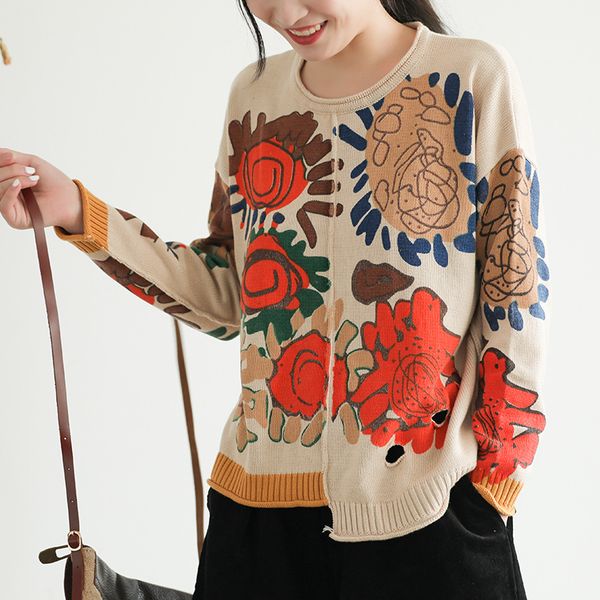 

sweater women knitted floral print spliced hole o-neck collar full sleeve loose 2019 autumn fashion wild tees female, White;black
