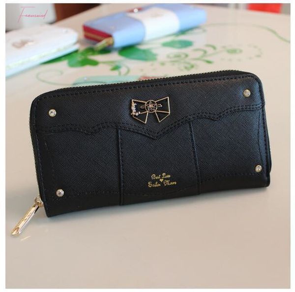 

1 piece kawaii sailor moon designer leather long wallet women japanese fashion brand lady zipper purse lovely handbag clutch, Red;black