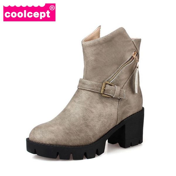 

coolcept new brand 2016 women boots platform high-heeled thick heel lacing casual shoes with zipper good quality size 33-43, Black