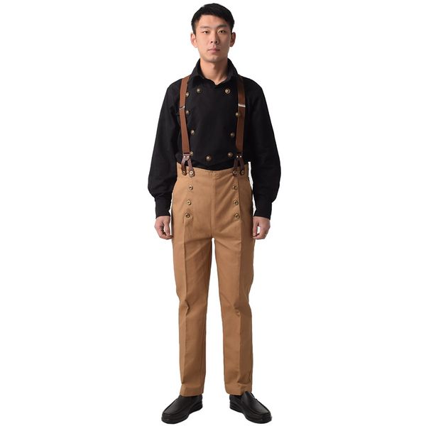 Pantaloni Steampunk da uomo Costume storico retrò anni '20 -'40 Pantaloni cargo Bretelle Bottoni vittoriani in cotone solido Pantaloni da tuta medievali