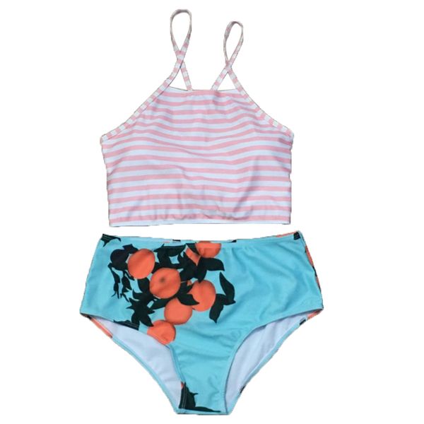 

women orange striped halter bikini high waist floral bottom swimsuit beachwear no steel support padded, White;black