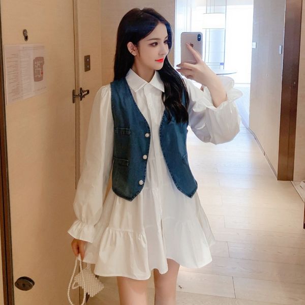 

2020 осень новый колледж стиль двухсекционный костюм женский белл рукавом платье без рукавов жилет джинсовой куртки, White;black